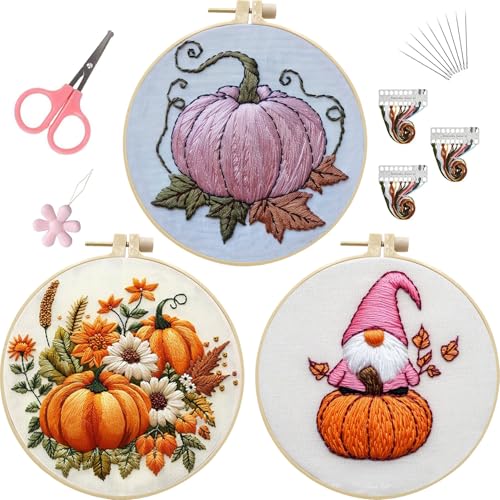 Image of LB Pink Fall Embroidery Kit for Beginners Adults, 3 Sets Hand Embroidery Starter Kit with Gnome Pattern and Instructions Stamped Cross Stitch Kits Include Embroidery Hoop Needles Threads Scissors
