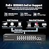 Binardat Switch POE a 19 porte, 16 porte POE+ 100Mbps, Uplink da 2 Gigabit, SFP da 1 Gigabit, IEEE802.3af/at, Alimentazione interna 300W, Custodia in metallo Plug and Play non gestito