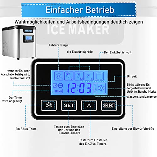 Cecaylie Eiswürfelbereiter 150W Eiswürfelmaschine Edelstahl Ice Maker 12kg 24h 3 Würfelgrößen 2.2 Liter Wassertank mit… – Bild 4