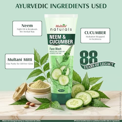 Image of Multani Naturals Neem & Cucumber Face Wash 150ml (Pack of 2) | Ayurvedic Herbal Cleanser Face Wash | Oil Control, Acne Care & Deep Cleansing | SLS & Paraben Free, Dermatologically Tested | For All Skin Types