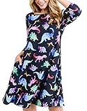 ICONOFLASH Women's Novelty Print Dinosaur Dresses with Pockets 3/4 Sleeves Crew Neck A Line Dress Black Size Medium