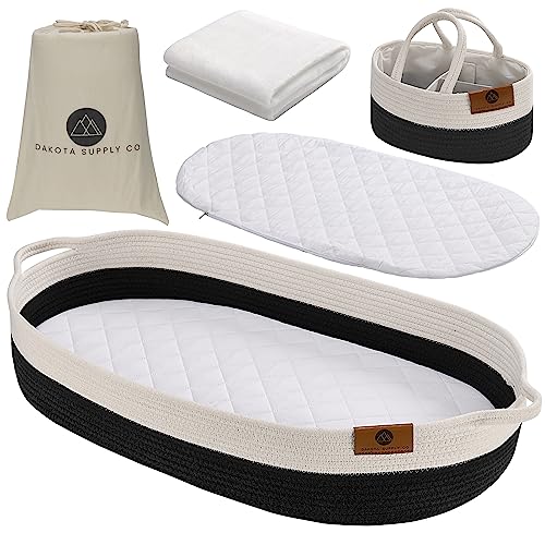Image of Baby Changing Basket, Moses Diaper Basket w/Foam pad, 2 Waterproof Covers, Blanket, Diaper Caddy Organizer, Table/Dresser/Nursery Topper, Boho Bassinet Station Woven Rope Tray, Storage (Black)