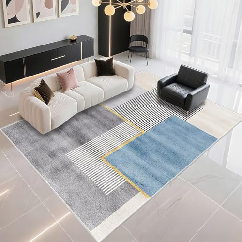 Tapis de salon lavable 80x150 cm bleu-gris à rayures - 2