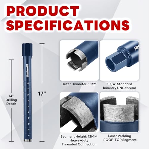 Image of 1-1 /2 inch Core Drill Bit with Etched Depth Scale - Industrial for Reinforced Concrete, Brick Block, Masonry,1-1 /4 inch-7 UNC,14 inch Drilling Depth, Precision-Welded & Aggressive Sharp 12mm Segments, Wet