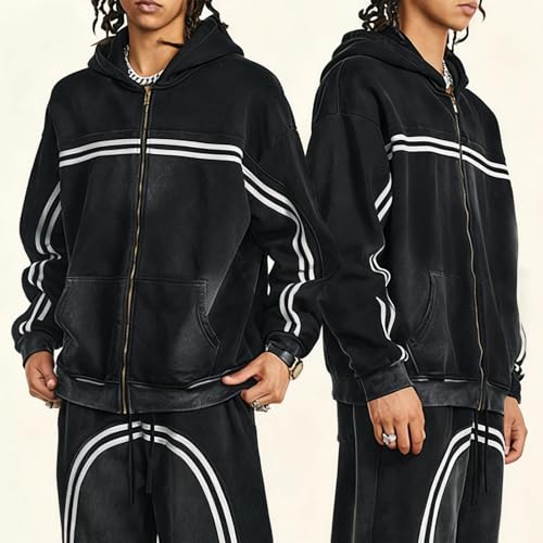 Mens Zip Up Hoodie Oversized Acid Wash Heavyweight Fleece Cotton Contrasting Stripe Zipper Hoodie Vintage2