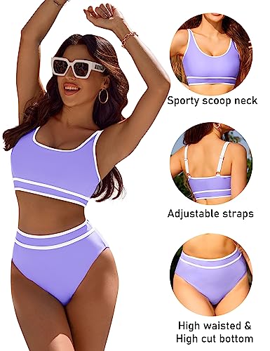 Image of BMJL Women's High Waisted Bikini Sets Sporty Two Piece Swimsuits Color Block Tummy Control Modest Bathing Suit