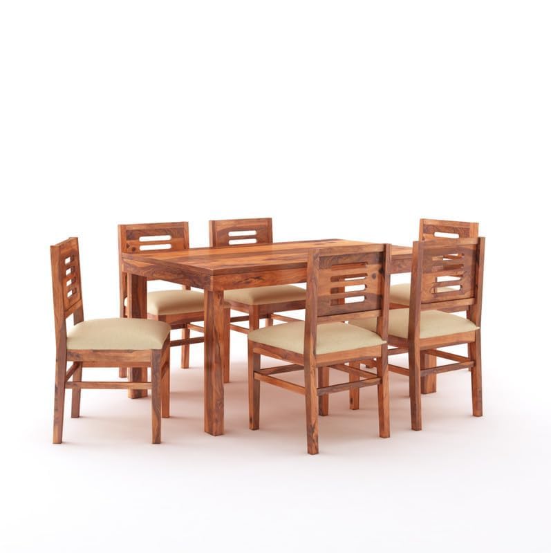 Image of Solid Sheesham Wood Dining Table Set with Chairs | Brown Modern Decorative Dining Set for Home /Office /Dining Room /Hotels | Honey, 6 Seater with Cushioned Chairs