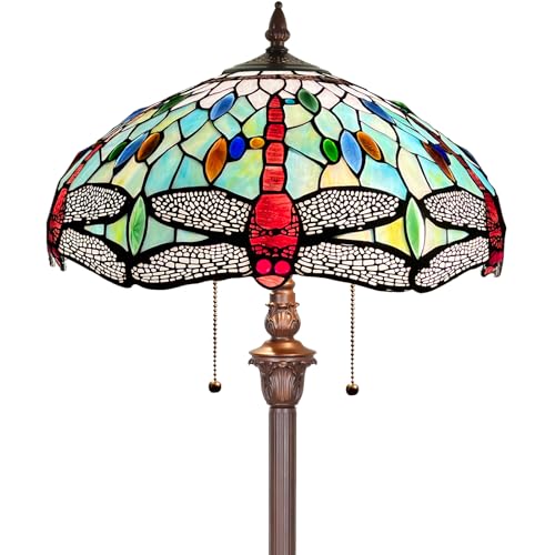 CapulinaTiffany Floor Lamp Fine Sky Dragonfly Style Stained Glass Standing Light Industrial Dark Bronze Pole for Living Room Bedroom Home Office