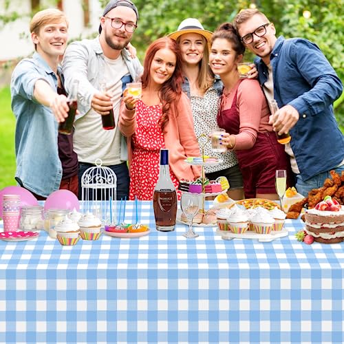 Image of 2 Pack Light Blue Gingham Tablecloth Rectangular Pale Blue and White Checkered Tablecloths Disposable Plastic Plaid Table Cover for Parties, Outdoor Picnic, Birthday, Wedding, Camping 54 x 108 Inch
