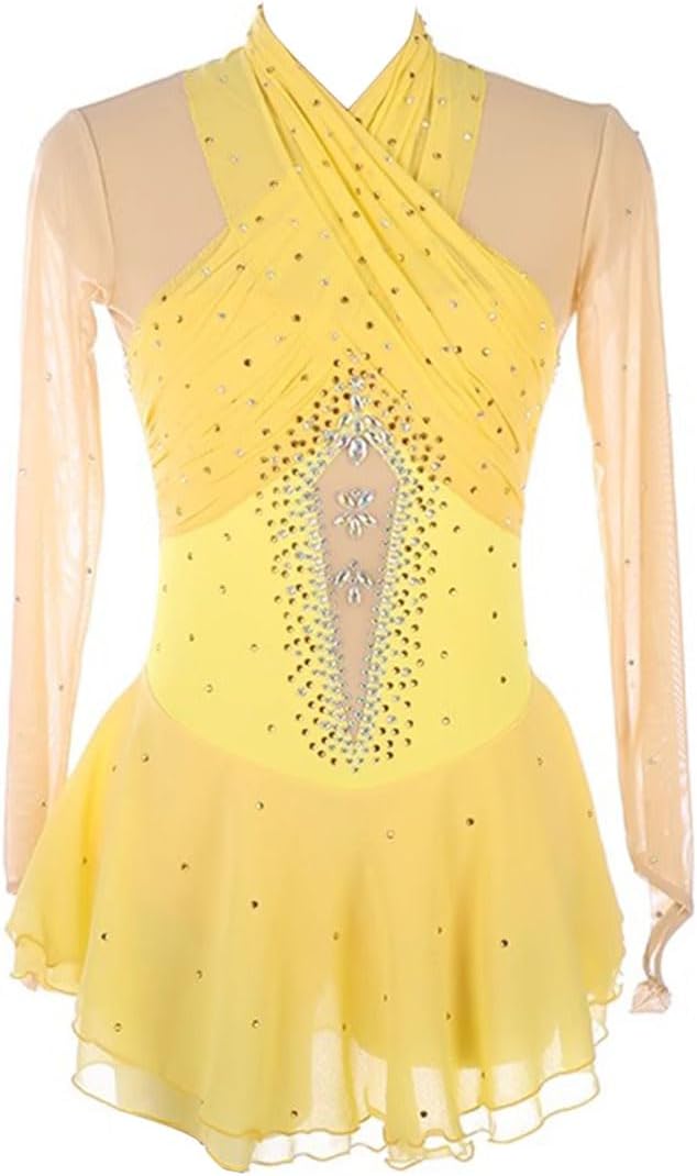 Women's Adult Figure Ice Skating Dress Long Sleeve Rhinestones Gymnastics Leotard Ballet Dance Wear Outfit