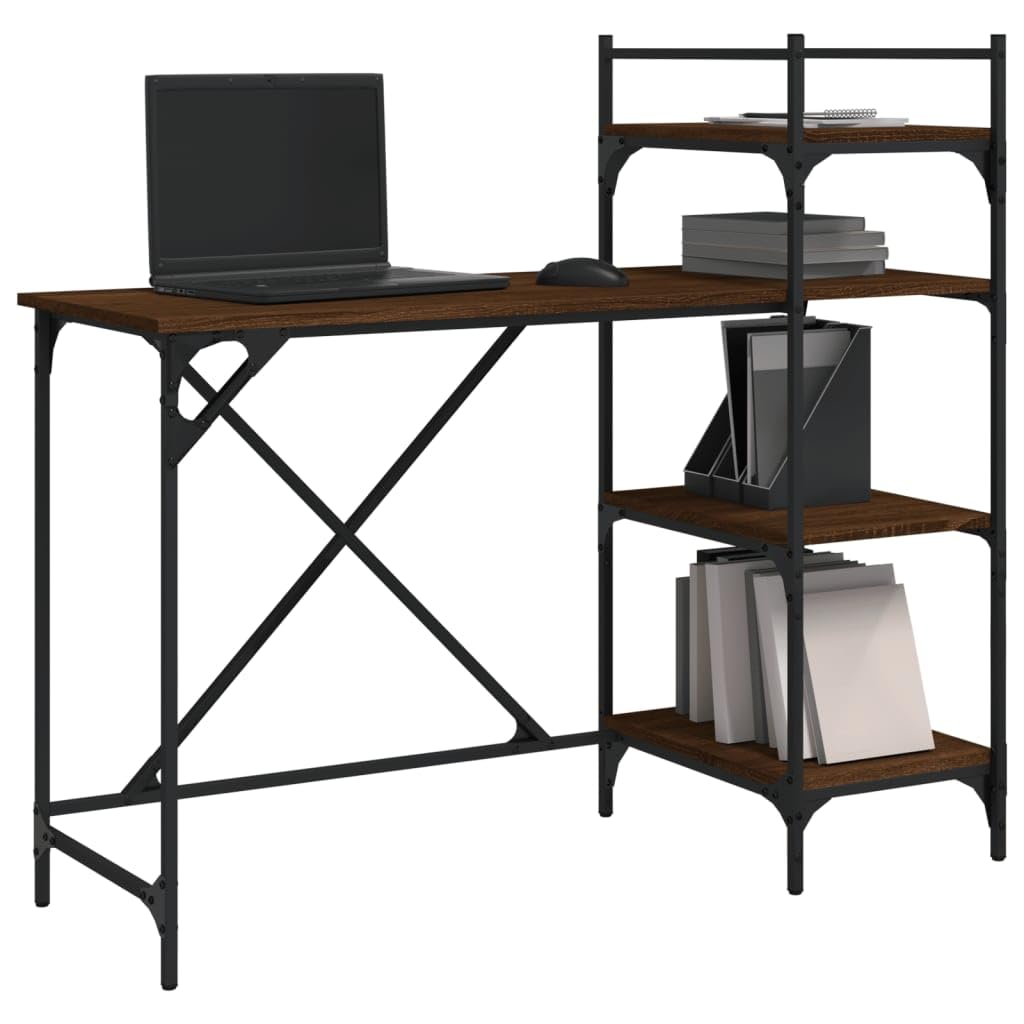 Computertisch mit Regal in Braun Eiche-Optik 120x47x109 cm, Holzwerkstoff und Metall, mit reichlich Stauraum, robustem Rahmen, ideal für Büro, Homeoffice, Gaming und Arbeitszimmer