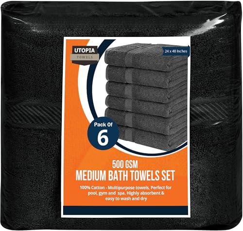 Image of Utopia Towels 6 Pack Medium Bath Towel Set, 24 by 48 Inches, 500 GSM 100% Ring Spun Cotton, Lightweight and Highly Absorbent Quick Drying Premium Towels for Hotel, Spa and Bathroom, Black