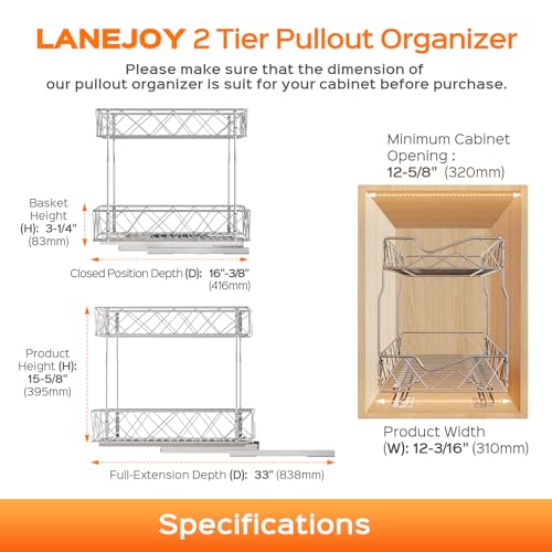 LANEJOY 2 Tier Pull Out Shelf(12 1/8" W x 16 3/8" D), Stainless Steel Slide Out Cabinet Organizer, Heavy Duty Under Sink Organization Storage for Kitchen Base Cabinet Organization by LANEJOY - Image 5
