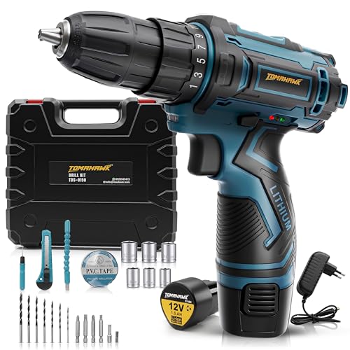 Image of TOMAHAWK TDS-9150 12V Cordless Drill /Screwdriver Kit | 10mm Keyless Chuck | 2-Speed (350 /1350 RPM) | 1.5Ah Single Battery | LED Light | 25+1 Torque | Drill & Screwdriver Bit Set for Home, DIY