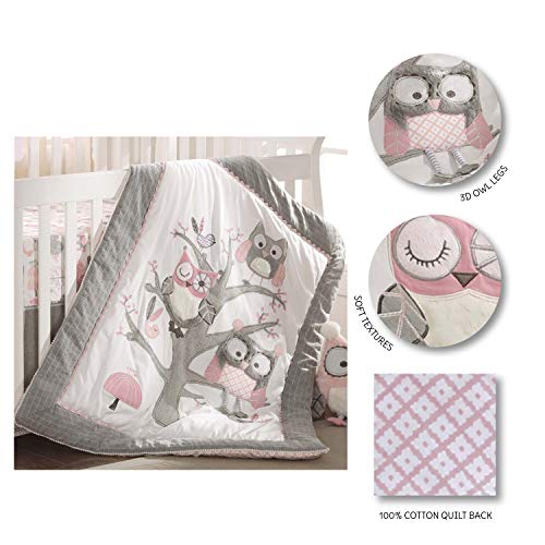 Levtex Baby - Night Owl Pink Crib Bed Set - Baby Nursery Set - Pink, Grey, White - Owls In A Tree - 5 Piece Set Includes Quilt, Fitted Sheet, Diaper Stacker, Wall Decal & Crib Skirt/Dust Ruffle #TOP1