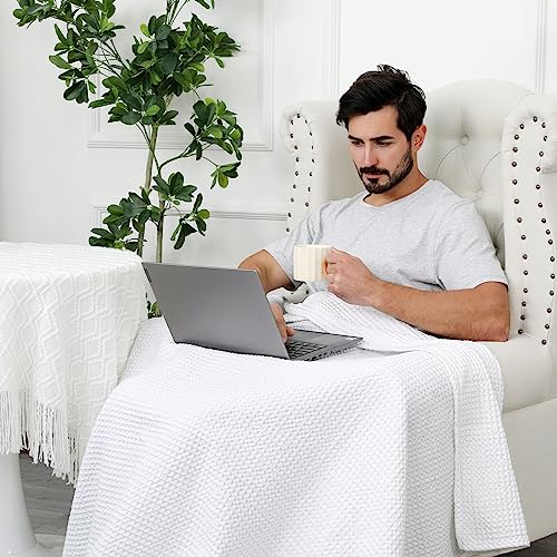 Phf 100% Cotton Waffle Weave Throw Blanket 50" X 60"-Lightweight Washed Soft Breathable Blanket For Adults And Kids-Perfect Blanket Layer For Couch Bed Sofa-Elegant Home Decoration- White #TOP4