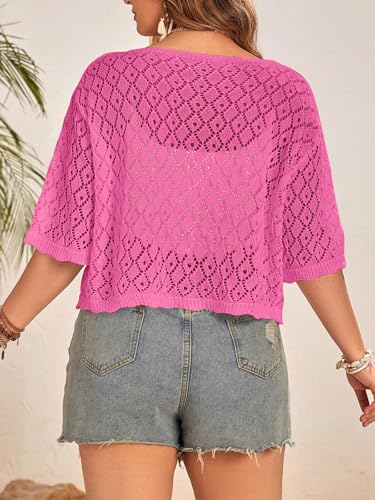 Image of Women's Plus Size Crochet Cardigan Crop Short Sleeves Tie Front Lightweight Knitwear