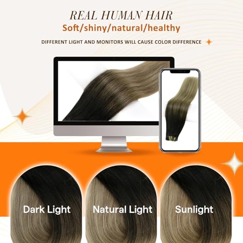 Image of Full Shine Clip in Hair Extensions Real Human Hair, Black Root Blonde