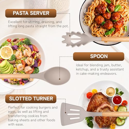 Silicone Kitchen Utensils Set 43 PCS for Cooking, Spatula Set with Wooden Handle, Cookware Nonstick Heat Resistant Kitchen Gadgets. Kitchen Tools with Holder (Khaki) - Image 6