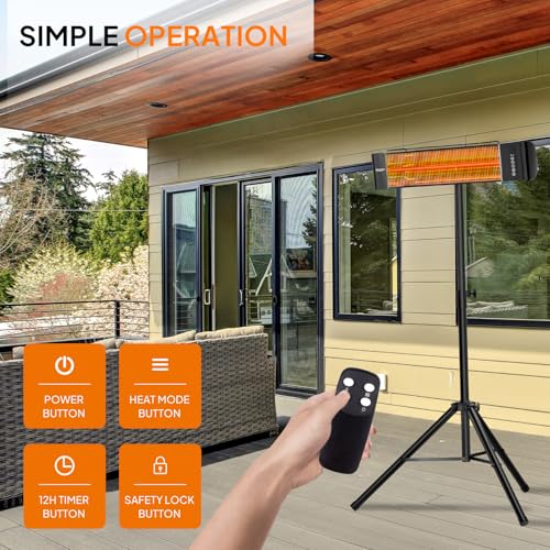 Image of ROVSUN 1500W Outdoor Electric Heater, Patio Freestanding /Wall-mounted Heater with Remote Control, 12H Timer, Adjustable Heights, 3 Modes, 3s Instant Heating for Indoor Outdoor Backyard Garage