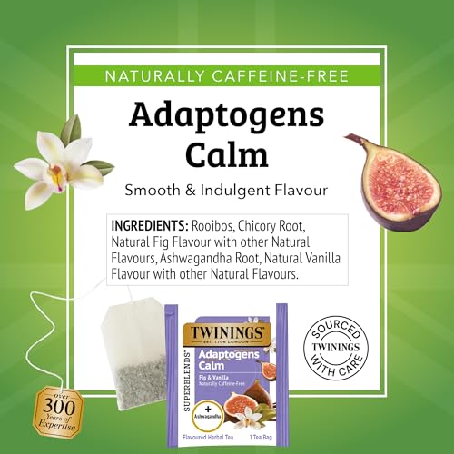Image of Twinings Superblends Adaptogens Calm with Ashwagandha Fig & Vanilla Flavoured Herbal Tea Caffeine-Free, 18 Tea Bags (Pack of 1), Enjoy Hot or Iced
