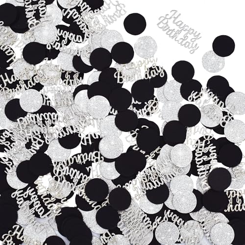 Image of 200Pcs Happy Birthday Confetti Glitter Silver And Black Circle Dots Confetti Table confetti For Birthday party Halloween Bachelorette Wedding Baby Shower Decorations