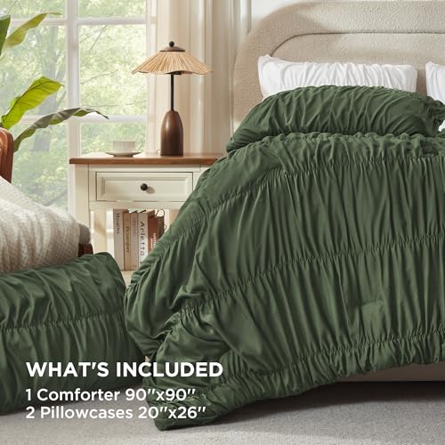 Image of Andency Olive Ruched Comforter Set Queen Size, Shabby Chic Pleated Bedding Sets 3 Pieces, Lightweight Soft Boho Ruffle Bed Set for Girls, Kids, Women, All Season