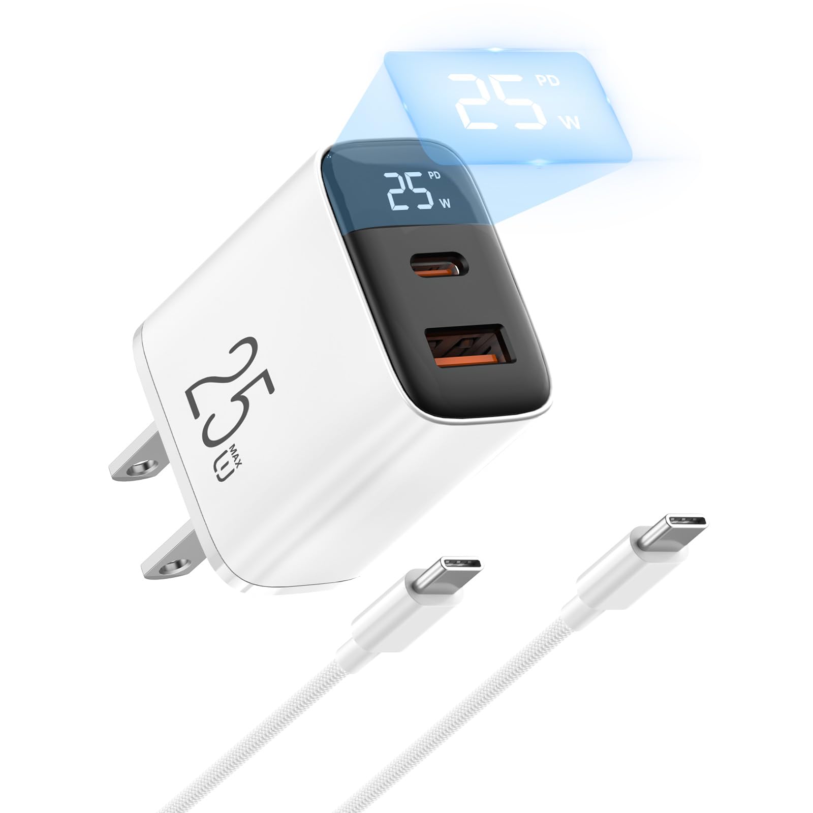 【50%OFF】【999円】 HYDOOD PD25W ディスプレイ搭載 2ポート USB-C&USB-A 急速充電器 + ナイロン編組Type C-Type Cケーブル 1m