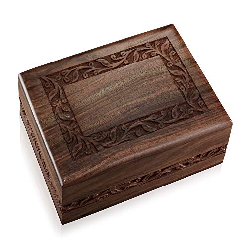 Reminded Rosewood Hand-Carved Urn Box Cremation Memorial with Velvet Bag - Medium