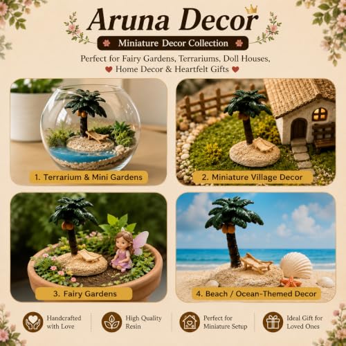 Image of Miniature Coconut Palm Tree with Beach Base, Garden Decor, Doll House Accessories, Miniature Garden Decoration, 8cm (Green Palm Tree)