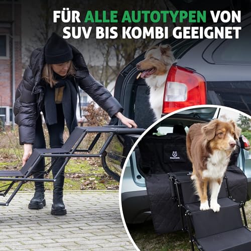 Fellbengel Hundetreppe Auto [mit einzigartiger Sicherheitsstufe] Hunderampe Auto klappbar - Einstiegshilfe Hund Auto - Hundetreppe große Hunde - Hundeleiter faltbar bis 60kg