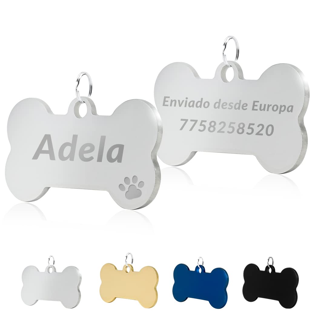 Petaccom Chapa Hueso para Mascotas Medianas-Grandes, 40 x 21 mm - Etiquetas de acero inoxidable personalizadas con Grabado para Perros - Azul/Plata/Negro/Dorado