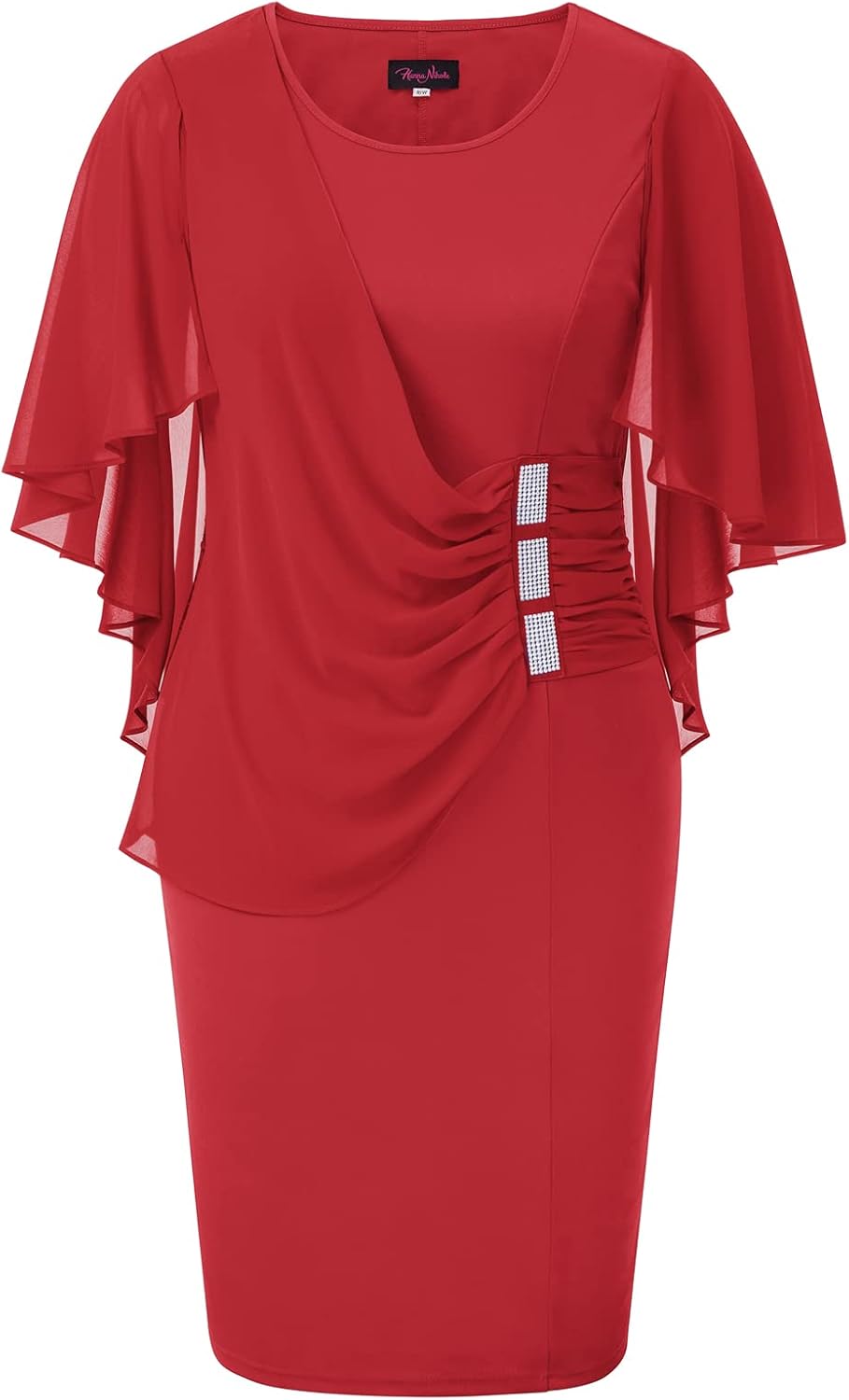 Hanna Nikole Women's Plus Size Chiffon Ruffle Flattering Cape Sleeve Bodycon Pencil Dress