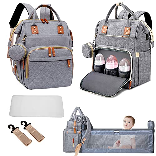 Fexkean Wickeltasche Rucksack Baby Wickelrucksäcke mit Großer Reisewindeltasche mit faltbarem Kinderbett mit Multifunktions Babytaschen Wickelauflage Babybettrucksack-Gray