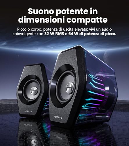 Edifier G2000 Pro Casse Gaming 2.0 Rgb Da 32W Rms / 64W Picco, Sincronizzazione Luci Tempoflow™ A 270°, Suono Surround Virtuale 7.1 - Bluetooth 5.4 / USB-C/AUX Per Pc, PS5 (Nero) - 2