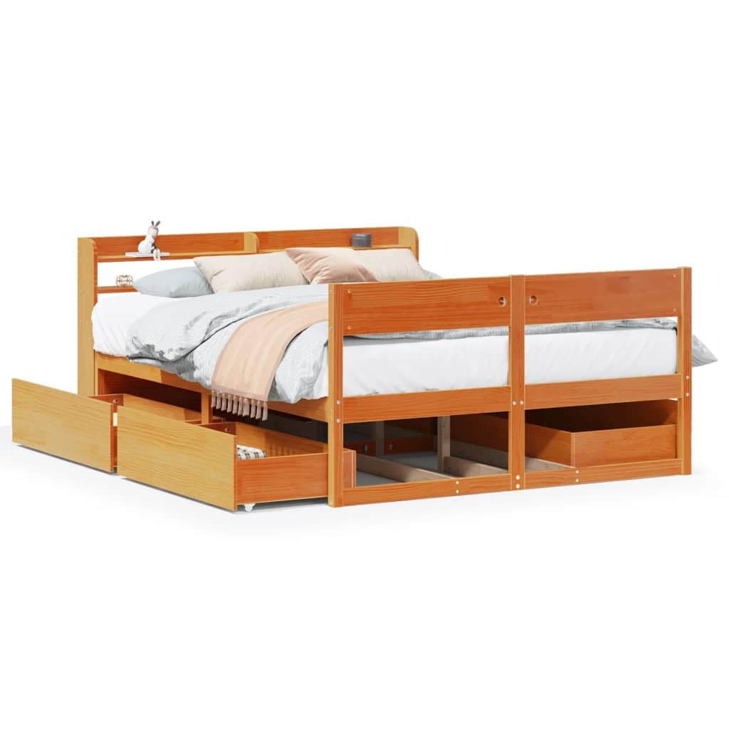 Cama de madera maciza sin colchón, marco de cama, marco de cama, cama de madera, marco de cama de madera, color marrón cera, 135 x 190 cm, madera de pino