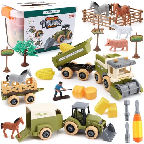 Granja Tractor Juguete con Camión Juguete Caballos de Juguete Figuras de Animales Montar la Valla Destornillador Caja de Almacenaje Regalos Cumpleaños Niños Niña 3 4 5 6 7 8+ Años