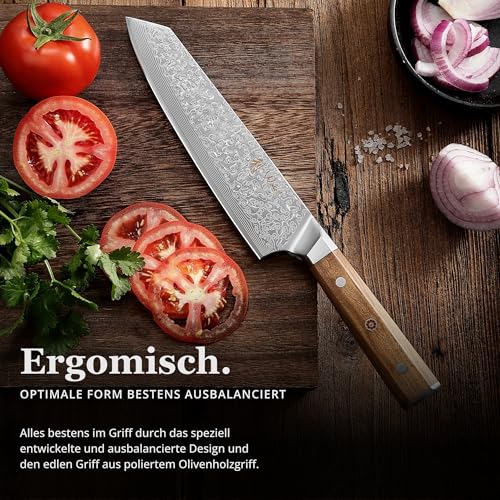 Wakoli Oribu Kiritsuke Messer 20 cm – Küchenmesser aus 67 Lagen - Damastmesser mit VG10 Kern, extra scharf, Olivenholzgriff, vielseitig für Fleisch, Fisch, Gemüse, Geschenkbox, Full Tang Messer scharf