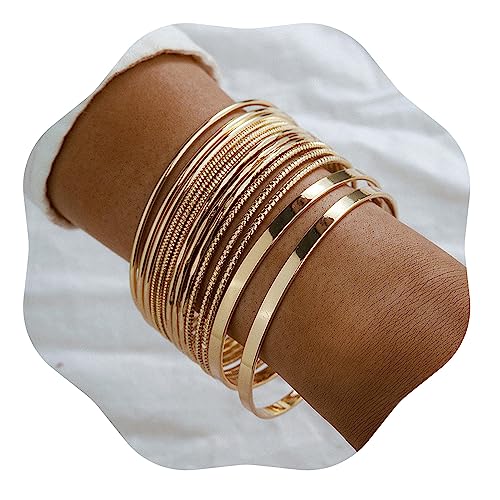 Xerling 14Pcs Golden Boho Indian Multi Bangle Bracelet Set Punk Chunky Stackable Textured Bracelets for Women Layered Cable Smooth Bracelets
