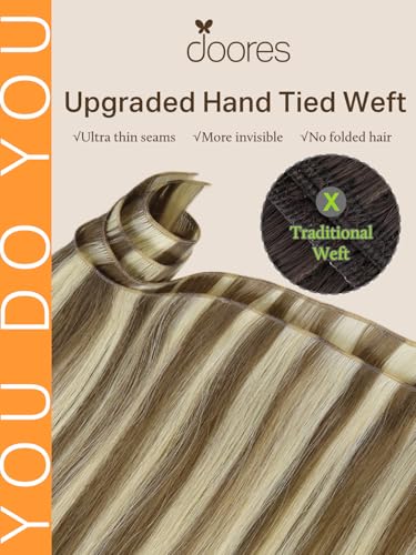 Image of DOORES Hand Tied Weft Hair Extensions Human Hair, 18 Inch Ash Brown to Platinum Blonde 50g, Hair Extensions Human Hair Natural Straight