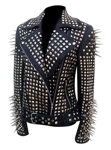SKY-SELLER Women's Metal Spikes Brando Motorcycle Slim Fit Genuine Leather Coat - Biker Black Studded Leather Jacket3