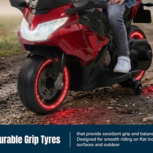 Image of Baybee BoltX Electric Bike for Kids 3+ Years | Baby Rechargeable Battery Bike with Training Wheels, Hand Accelerator, Foot Brake, Led Lights & Music | Battery Operated Bike for Kids to Drive (Red)