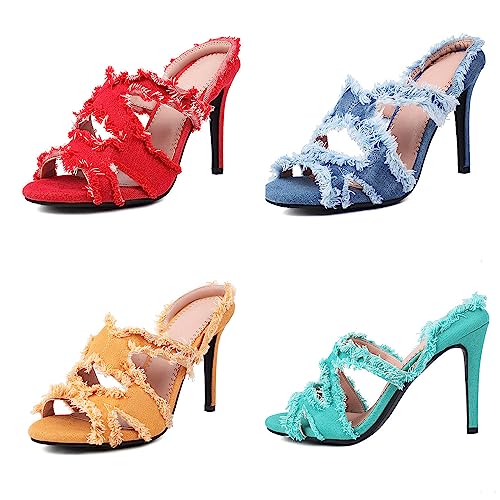 Optigard Women's Denim Cloth Slip On Open Toe Stiletto Shoes Crossover Strap Hollow Mules Fish Mouth Slingback Evening Dress Party Wedding Prom Sandals2