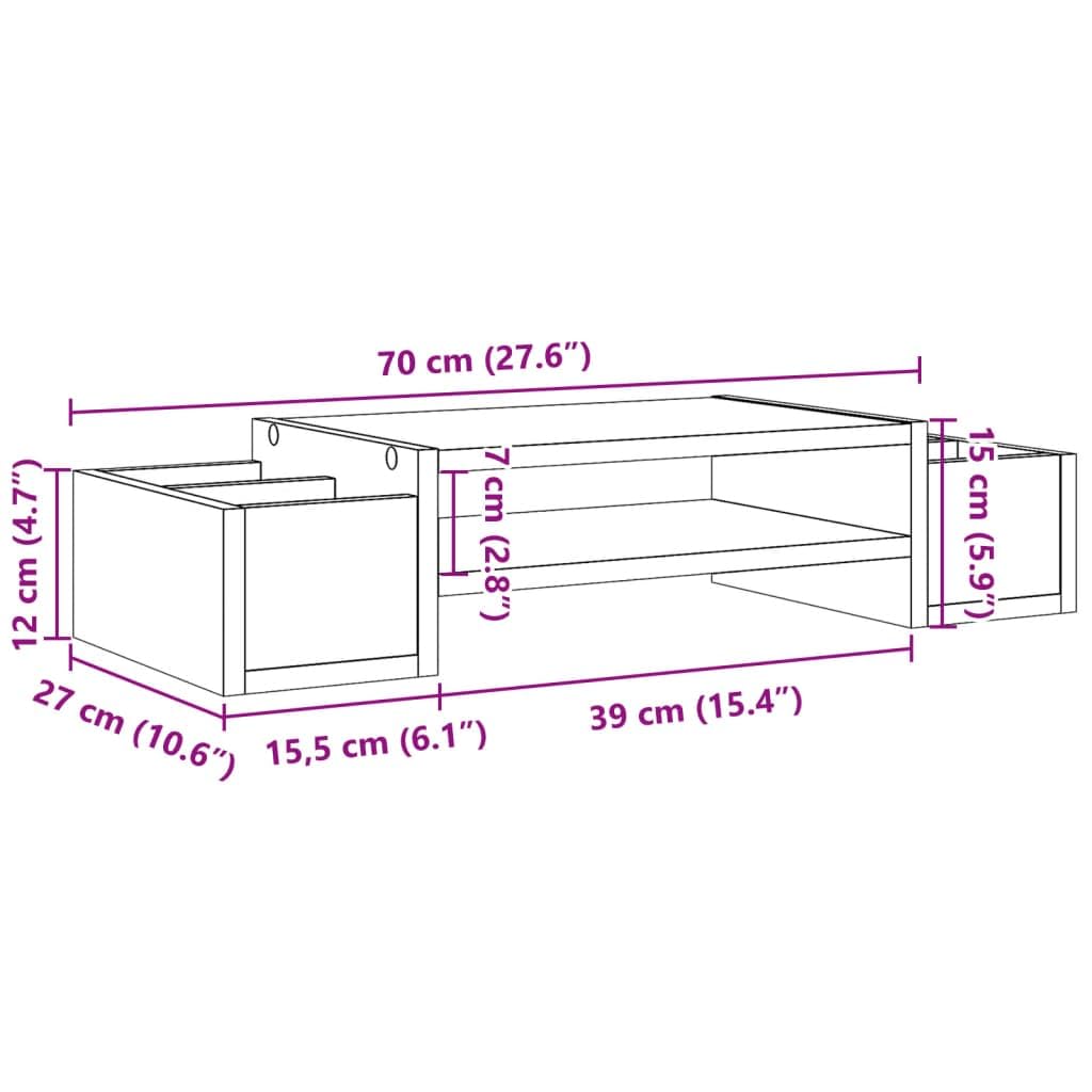 Monitorständer mit Stauraum Betongrau Holzwerkstoff 70x27x15 cm freistehend mit 4 Fächern für Büro Arbeitsplatz Homeoffice Ergonomie Ablage Organizer