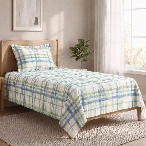 Image of LANE LINEN Symphony | 100% Cotton Sheet Set | Soft & Breathable Fabric | 2 Piece (1 Bedsheet + 1 Pillow Cover) | Single Bed Sheet Set - Zesty Blue Crosshatch