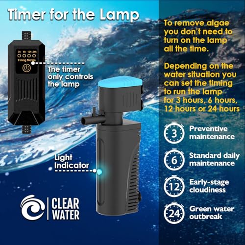 Image of Aquarium Filter | U-V Fish Tank Filter for Green Water Cleaning | U-V Clarifier with Timer | Aeration & Rainfall Mode | Turtle Tank Filter | Submersible Pump with Filter | for 10-30 Gallons