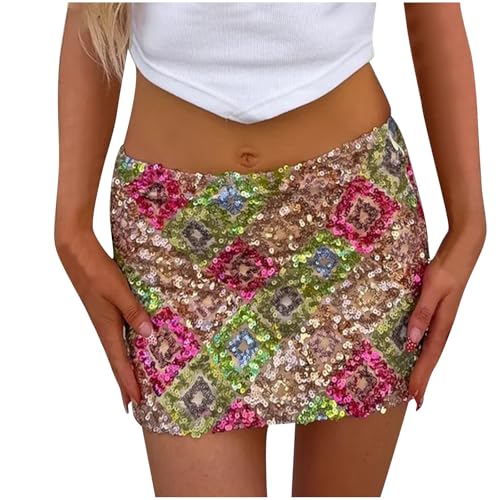 Women's Sequin Sparkly Skirt Mini Glitter Y2k Low Rise Summer Skirt Block Color Casual Night Out Party Club Skirts