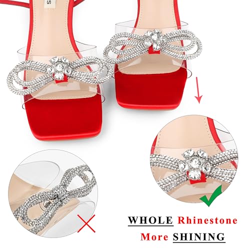 Image of Zzheels Double Bowknots Crystal Clear Shoes Strappy Sandals | Clear Slingback Heels, Rhinesotne Bow Sandals, Square Toe, Elegant Heels