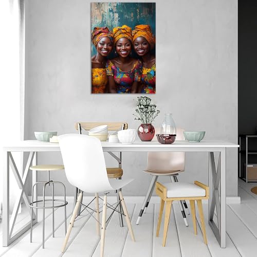 Tableau trois sœurs rient affiche jaune TERUEA pour célébrer la complicité - 2