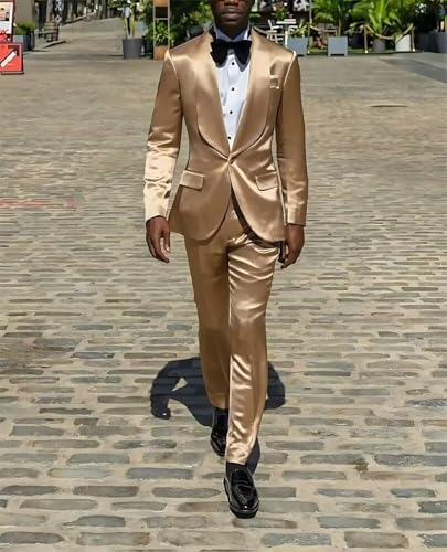 Fashion Satin Suit for Men Prom Party 2 Piece Shiny Wedding Tuxedo Suits One Button Dinner Jacket Pants Set3